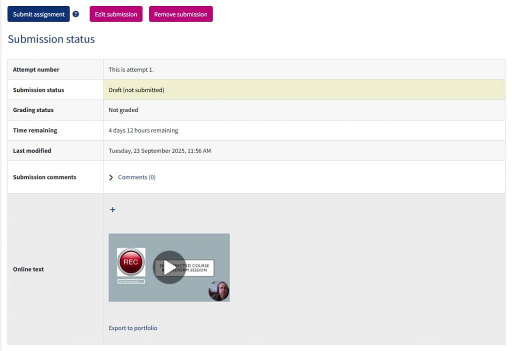 Submission screen with options to submit, edit or remove.